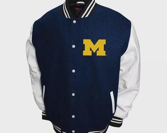 Letterman Michigan Wolverines Navy Blue Wool & White Leather Sleeves Men's