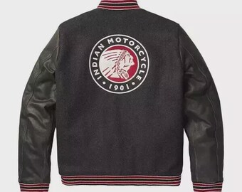 Letterman Indian Motorcycle Black Wool & Leather Vintage varsity Jacket Men's