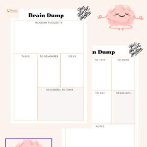May include: Two-page brain dump planner with sections for tasks, ideas, and decisions. Features a pink brain graphic in a yoga pose and the text "Your Mindset Matters."