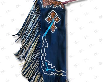 Met de hand bewerkte leren rodeochaps, westernkleding voor stierenrijden