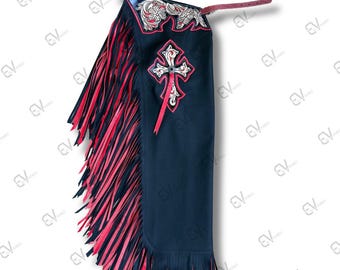 Met de hand gemaakte leren rodeochaps | Op maat gemaakte westernchaps | Fringe Bull Riding, een cadeau voor hem