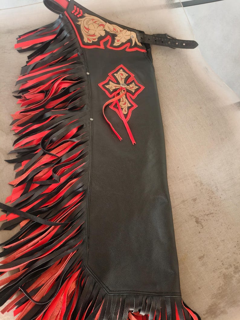 Hand-Tooled Leather Rodeo Chaps | Custom Western Chaps | Fringe Bull Riding, gift for him image 15