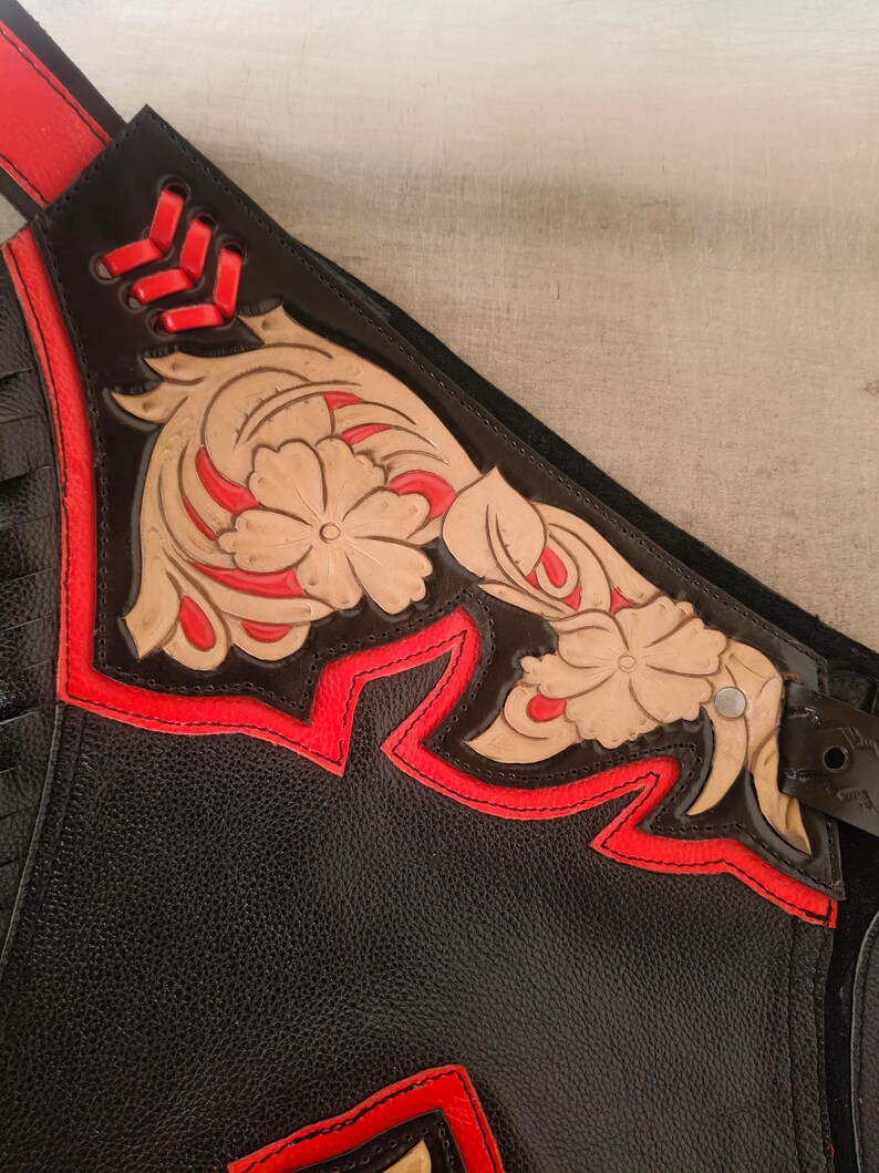 Hand-Tooled Leather Rodeo Chaps | Custom Western Chaps | Fringe Bull Riding, gift for him image 14
