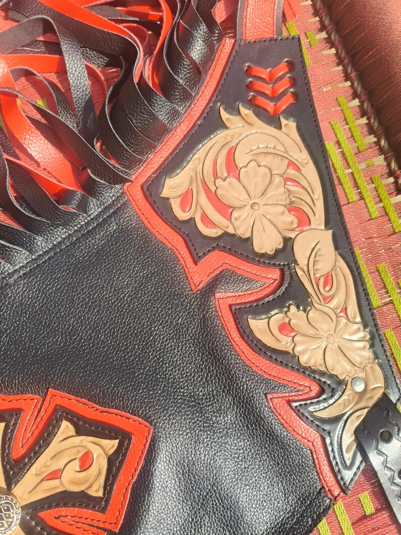 Hand-Tooled Leather Rodeo Chaps | Custom Western Chaps | Fringe Bull Riding, gift for him image 6