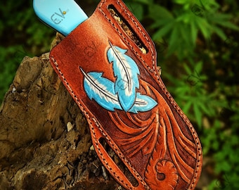 Handmade D2 Steel Bull Cutter Knife | Tooled Feather Leather pancake Sheath.
