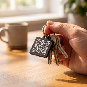 Op de afbeelding: Een zwarte vierkante sleutelhanger met een wit QR-codepatroon op de voorzijde. De hanger is bevestigd aan een zilverkleurige metalen ring waaraan ook drie standaard metalen sleutels van verschillende vormen en afmetingen voor dagelijks gebruik hangen.