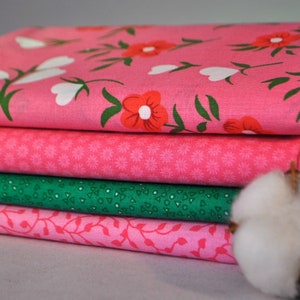 Hearts & Flowers on Pink 4 Fat Quarters Bundle, 1 Yard Total, Free Shipping