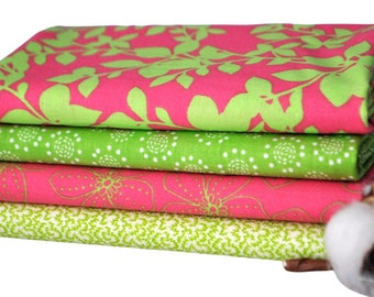 Green Leaves on Pink 4 Fat Quarters Bundle, 1 Yard Total