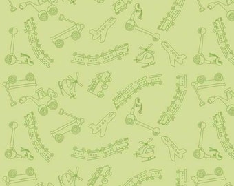 May include: A green and white seamless pattern featuring various toy vehicles, including airplanes, helicopters, trains, and scooters. The background is a light green color.