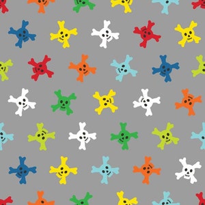 May include: A seamless pattern of colorful skull and crossbones on a gray background. The skulls are in various colors, including red, yellow, green, blue, and white.
