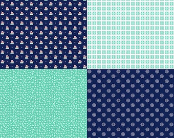 May include: Four different fabric patterns. The top left pattern is a dark blue background with a white and pink repeating pattern of a sailboat. The top right pattern is a white background with a repeating pattern of a light blue and white snowflake. The bottom left pattern is a light blue background with a repeating pattern of a small white flower. The bottom right pattern is a dark blue background with a repeating pattern of a white snowflake.