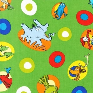 Celebrate Seuss Character Toss Green for Robert Kaufman, 1/2 yard
