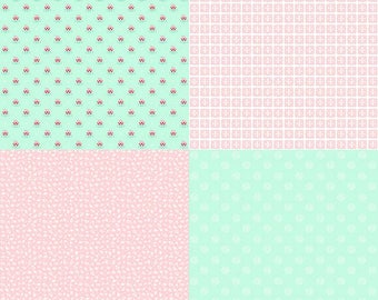 May include: A four-panel image featuring various repeating patterns. The patterns include small red and white floral designs on a light green background, a grid-like pattern in pink, a speckled pink design, and a light green pattern with white floral accents.