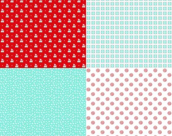 May include: Four different patterns of repeating designs. The top left pattern is red with white snowflakes. The top right pattern is white with light blue snowflakes. The bottom left pattern is light blue with white snowflakes. The bottom right pattern is white with red snowflakes.