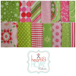 May include: A collection of 12 fabric squares in pink and green with various patterns, including polka dots, stripes, and floral designs. The fabric squares are arranged in a grid pattern. The image includes the text "heart & HOME Fabrics".