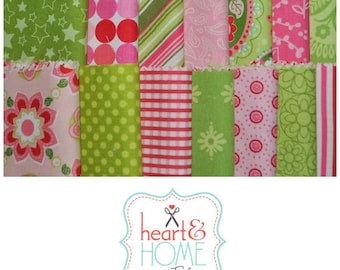 Designer Fabric 5&quot; Squares Charm Pack, Lime Green and Pink, 56 pieces, 100% cotton, Free Shipping
