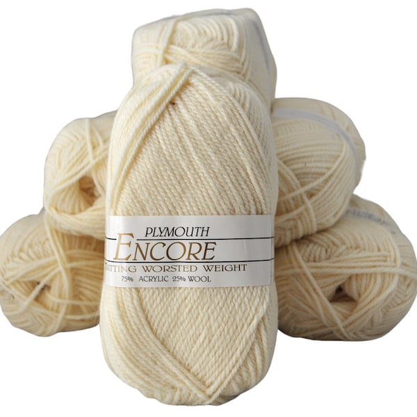 Plymouth Encore Worsted Weight Yarn, Acrylic and Wool, Cream, 3.5 oz.