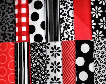 Designer Fabric 5" Squares Charm Pack, Black, White, and Red, 56 pieces, 100% cotton, Free Shipping