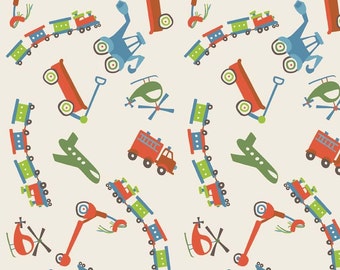 May include: A seamless pattern featuring a variety of colorful toy vehicles, including a red fire truck, a blue helicopter, a red wagon, a green airplane, and a blue train. The background is a light beige color.