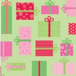May include: A seamless pattern of colorful gift boxes with various designs, including polka dots, stripes, and snowflakes. The boxes are tied with green ribbon and have a festive, Christmas-themed design.