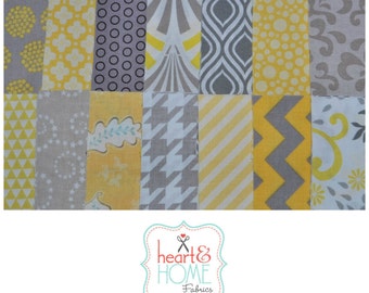 Designer Fabric 5" Squares Charm Pack, Yellow and Gray, 56 pieces, 100% cotton, Free Shipping