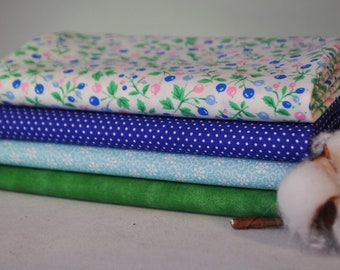 Blue Berries 4 Fat Quarters Bundle, 100% cotton, 1 yard total