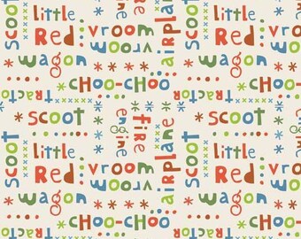 May include: A seamless pattern with colorful text on a beige background. The text includes words like "scoot", "little", "red", "vroom", "wagon", "airplane", "fire", "engine", "tractor", and "choo-choo".