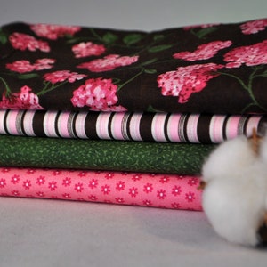 Pink Flowers on Cocoa 4 Fat Quarters Bundle, 1 Yard Total, Free Shipping
