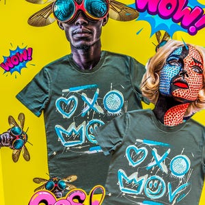 Hand-painted Urban Graffiti T-shirt with Blue Artistic Symbols. Unique Streetwear Art Tee. Art by Agita. Unique Abstract Art Wearable.