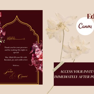 May include: Burgundy invitation card with gold accents and floral arrangements. The card includes text in Arabic and English, with the names Sara and Omar. The image also includes the text "Edit in Canva" and "Access your invitation immediately after purchase!"