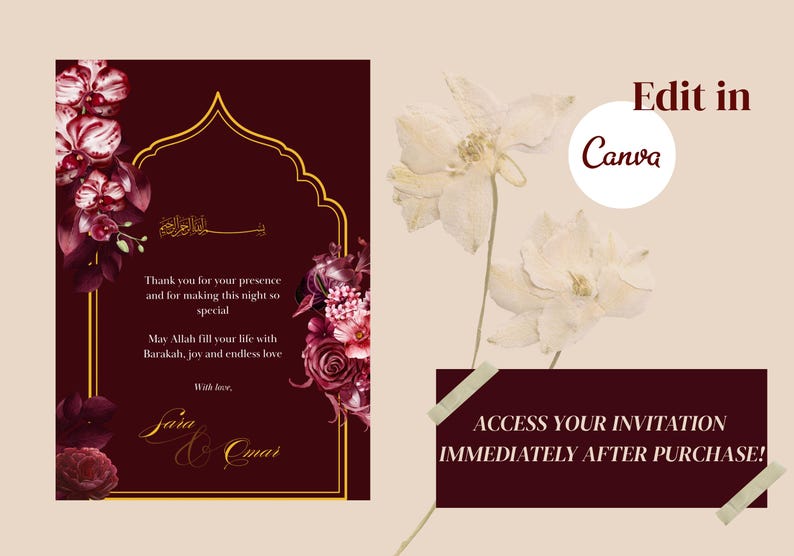 May include: Burgundy invitation card with gold accents and floral arrangements. The card includes text in Arabic and English, with the names Sara and Omar. The image also includes the text "Edit in Canva" and "Access your invitation immediately after purchase!"