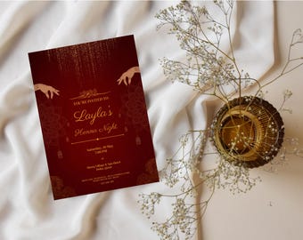 Henna Night Invitation Template, Muslim Mehndi Party Invitation, Burgundy Gold Islam Wedding, Editable Canva, Digital Download