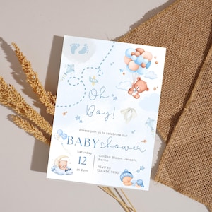 Blue Baby Shower Invitation: Hot Air Balloon, Woodland Animals (Canva Template, Digital Download)