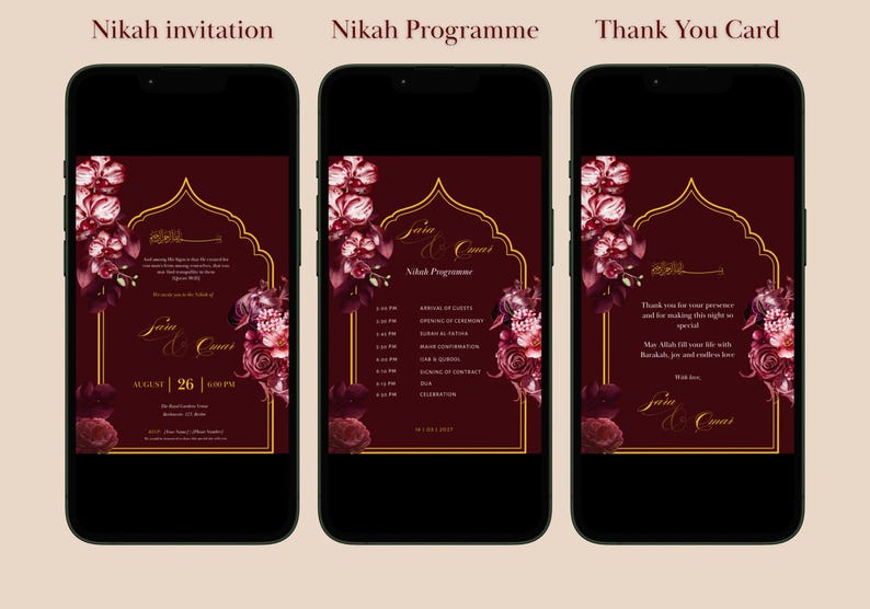 May include: Three smartphone screens displaying wedding invitation designs. Each design features a burgundy background with gold accents, floral arrangements, and elegant calligraphy. The screens are labeled "Nikah invitation", "Nikah Programme", and "Thank You Card".