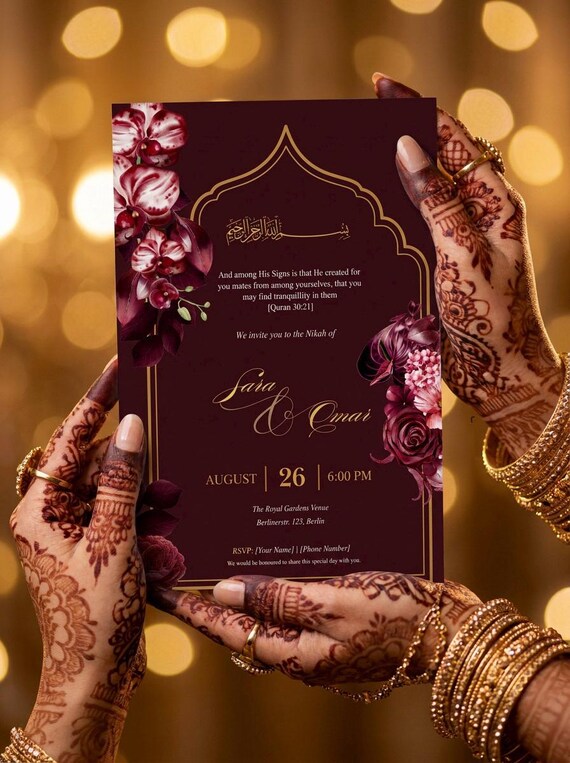 Nikah Invitation Template Canva| 3-Piece Wedding Suite Dark Floral | Muslim bride Invite Editable | Digital Downloads