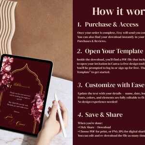 May include: A digital tablet displays a burgundy wedding invitation with floral accents and gold calligraphy. The tablet is held by hands, with a stylus nearby. The background includes text explaining how to use the template.