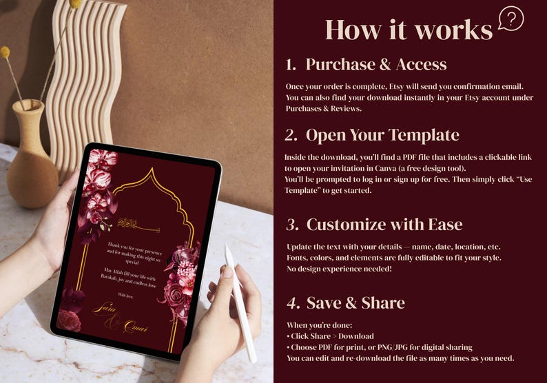 May include: A digital tablet displays a burgundy wedding invitation with floral accents and gold calligraphy. The tablet is held by hands, with a stylus nearby. The background includes text explaining how to use the template.