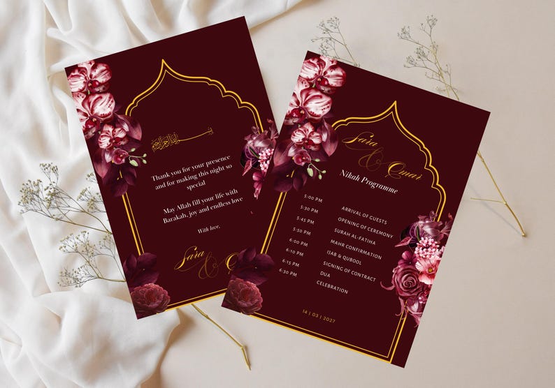May include: Two burgundy wedding invitation cards with gold accents and floral arrangements. The cards feature text in gold script and a schedule. The text includes "Thank you for your presence" and "Nikah Programme".