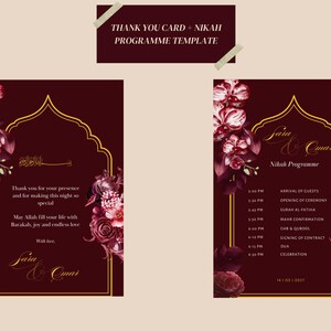 May include: Burgundy wedding invitation and program template with floral accents. The design includes gold trim, calligraphy, and event details. The text reads "Thank You Card + Nikah Programme Template" and "Jaia & Omar".