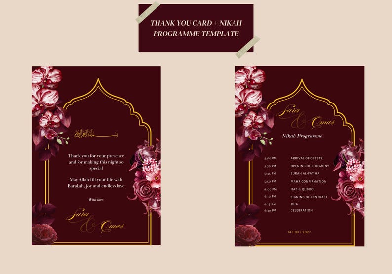 May include: Burgundy wedding invitation and program template with floral accents. The design includes gold trim, calligraphy, and event details. The text reads "Thank You Card + Nikah Programme Template" and "Jaia & Omar".