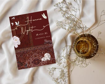 Henna Night Invitation, Persian Carpet Burgundy Red Islamic Wedding, Muslim Mehndi Card, Editable Canva Template, Digital Download
