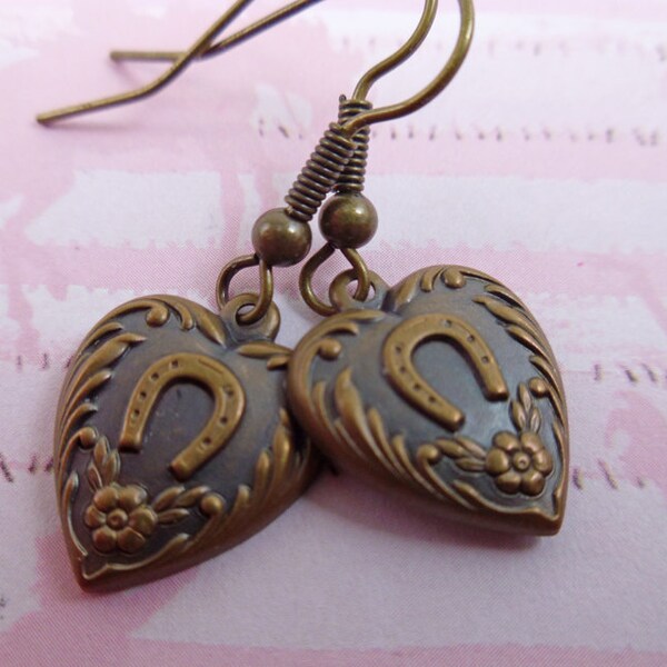 Horse Shoe Heart Brass Earrings, Heart, Valentine, Equestrian Earrings