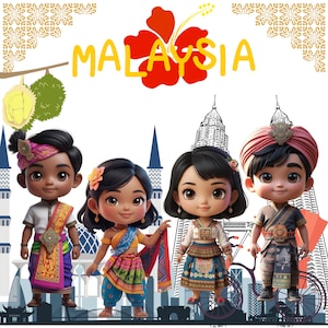 Clipart PNG de crianças da Malásia – Download digital multicultural para artesanato, ensino, adesivos, convites e muito mais, fundo transparente