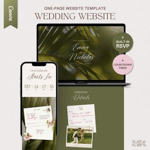 May include: A one-page wedding website template displayed on a laptop and smartphone screen. The design features a dark green palm leaf background, elegant script typography, a built-in RSVP section, and a countdown timer for the wedding date.
