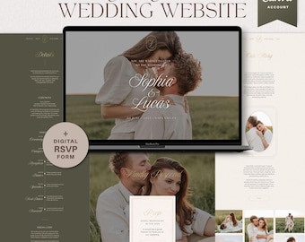 Olivgrüne Hochzeitswebsite-Vorlage Canva, elegante digitale Hochzeitseinladungsseite mit Antwort-Formular, bearbeitbare minimalistische Hochzeitswebsite