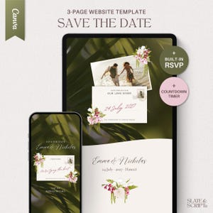 May include: A 3-page website template for a Save the Date announcement displayed on a tablet and smartphone. The design features tropical palm leaf backgrounds, floral accents, and text including Emma & Nicholas, 24 July 2027, and Hawaii.