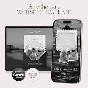 Zwart-wit bewaar-de-datum websitesjabloon Canva bruiloft website minimalistische digitale uitnodiging luxe kant zwart-wit uitnodiging