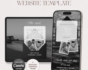 Save the Date Website Vorlage Canva Hochzeitswebsite Minimalistische Digitale Einladung Luxus Spitze Monochrom Einladen