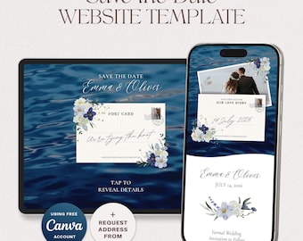 Saphir Blau Save the Date Website Vorlage, Vintage Postkarte, Hochzeit am Strand (Canva Editable, Antwort-Formular)