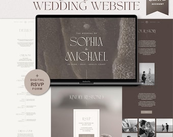 Tropische Strand-Hochzeits-Website-Vorlage für Canva, Küstenhochzeitseinladungsseite, Neutral Taupe Elegantes Design mit Antwort-Formular